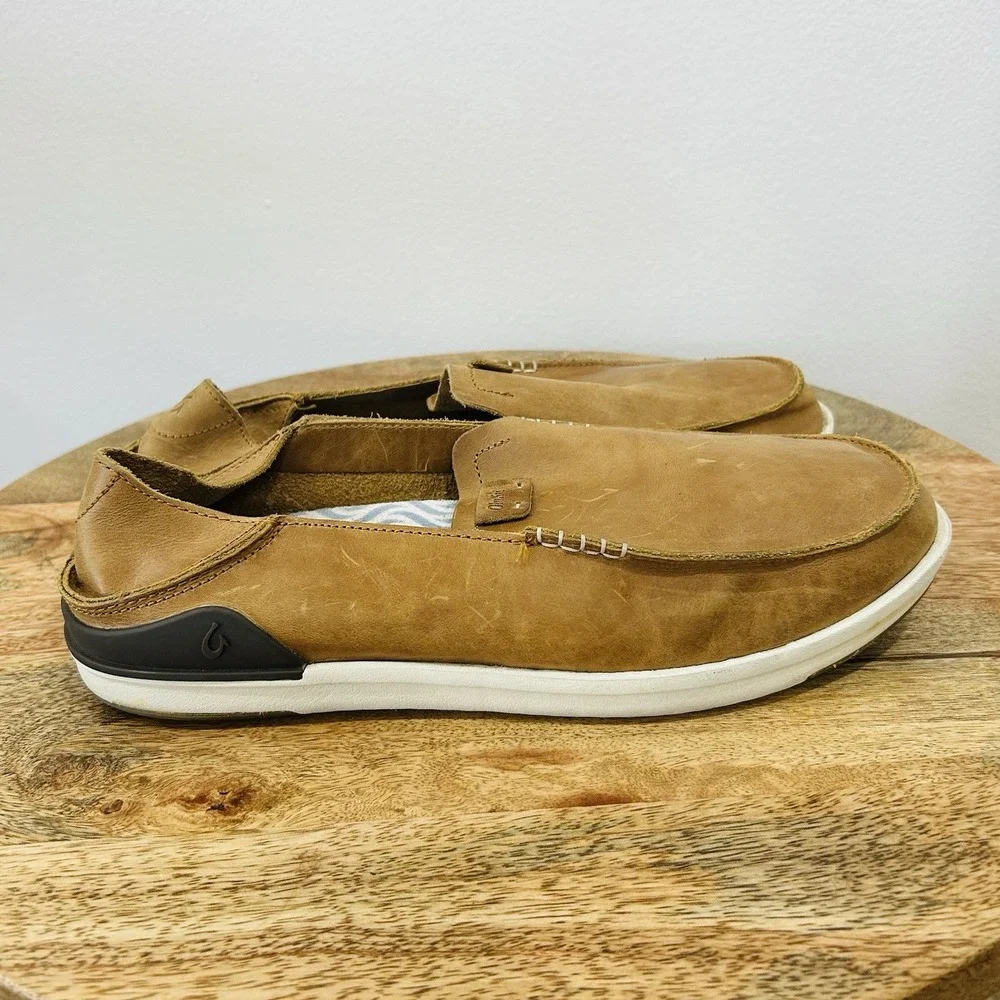 OluKai Kakaha Men's 13 Brown Leather Slip On Loafers Casual Comfort Boat Shoes